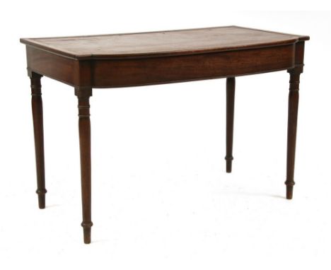 A George III leather inset mahogany writing table, on ring turned tapering legs, with single ? drawer, 106 x 60 x 73 cm