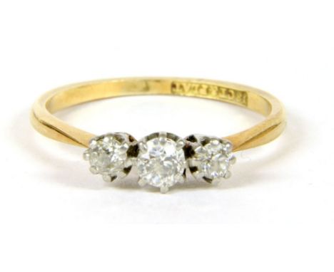 A three stone graduated diamond ring, t hree old European cut diamonds, claw set to knife shoulders and plain polished shank,