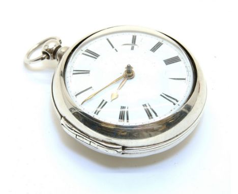A Georgian silver pair cased pocket watch by Harris, Canterbury, having single fusee movement, the white enamel dial with Rom