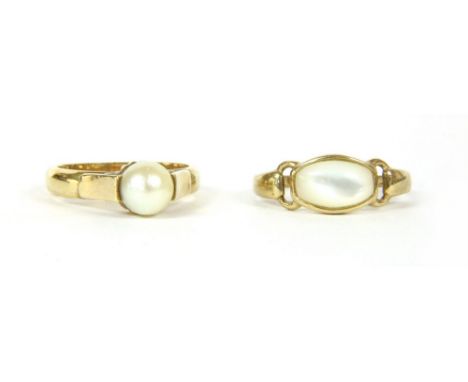A 9ct gold single stone mother of pearl ring, 1.99g, and a gold single stone cultured pearl ring, marked 585, 5.13g