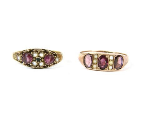 A Victorian 18ct gold garnet and split pearl cluster ring, 1.90g, and a 9ct gold three stone garnet and split pearl ring (rep