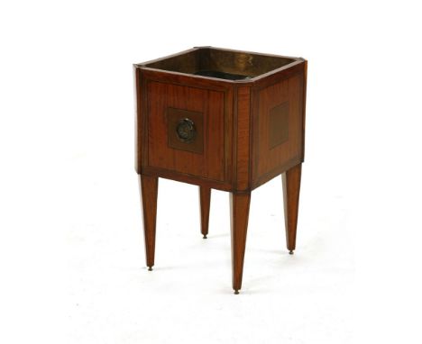 A satinwood and crossbanded wine cooler, with ring handles to either side and on square tapering legs, 31 x 31 x 49cm