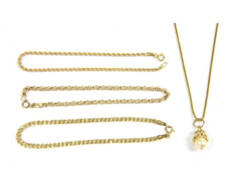 Three Italian gold chains, marked 9kt, including a rope, belcher and curb, 2.30g, 1.54g, and a cultured pearl suspended on a 