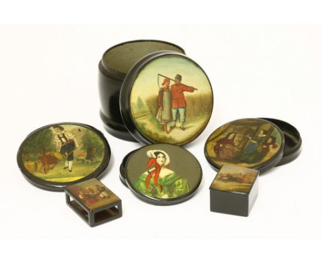 A Russian lacquered cylindrical tobacco box , the top decorated with a farmer and his wife, probably by Vishayakov, 9.5cm dia