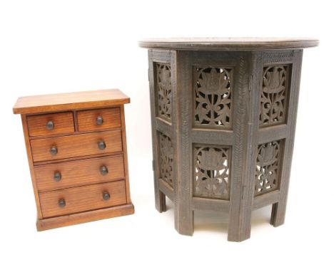 A miniature apprentice chest, miniature architectural staircase, small Indian Hoshiarpur style folding table, and an arts and