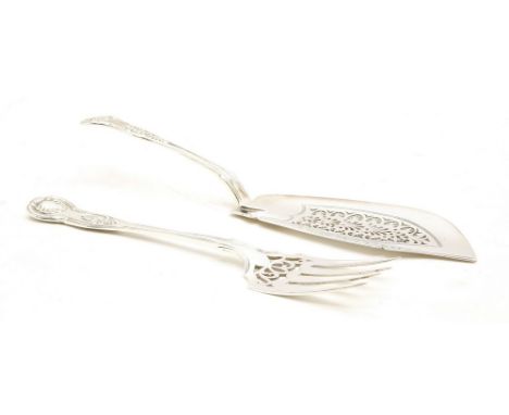 A matched pair of silver servers, comprising of a Victorian queens pattern fork and a later fish slice, both with pierced dec