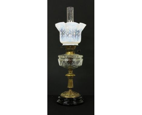 A Victorian Vertus glass works oil lamp, with brass column with cut glass reservoir and John Walsh Walsh opalescent glass sha