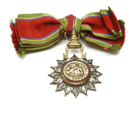 A Thailand Order of the White Elephant medal, mid 20th century, silver, gilt and enamel, on lady's bow