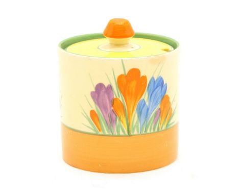 A Clarice Cliff 'Crocus' preserve pot and cover, 9.5cm high