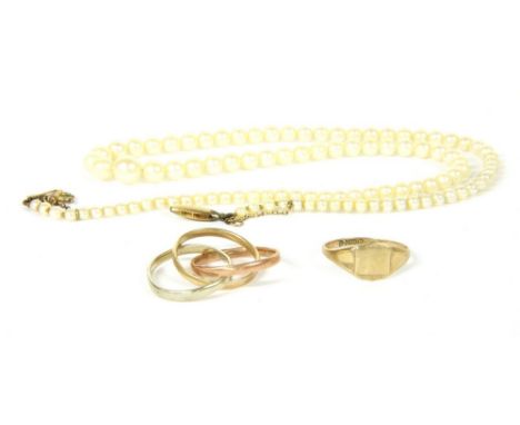 A 9ct three colour gold Russian wedding ring, 4.24g, a ladies 9ct gold signet ring, 1.27g, and a single row cultured pearl ne