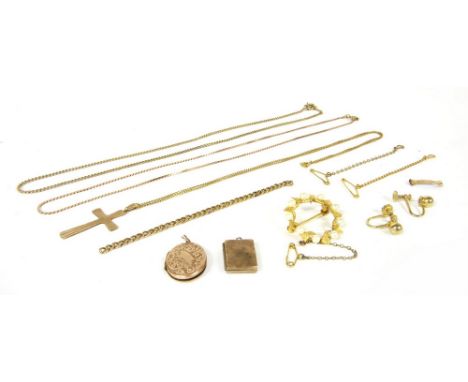 A 9ct gold cultured pearl circular brooch, 4.36g, a 9ct gold cross suspended on a chain marked 9ct, an Italian gold cobra lin