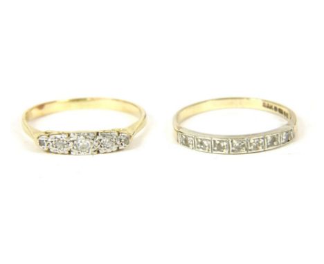 A 9ct gold seven stone diamond ring, 1.29g, and a gold five stone diamond ring, tested as approximately 9ct, 1.63g