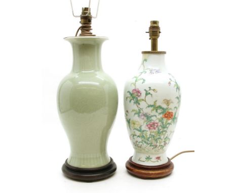 A Chinese porcelain table lamp, with famille vert decoration, 37cm high, together with a celadon glazed example, 42cm high (2