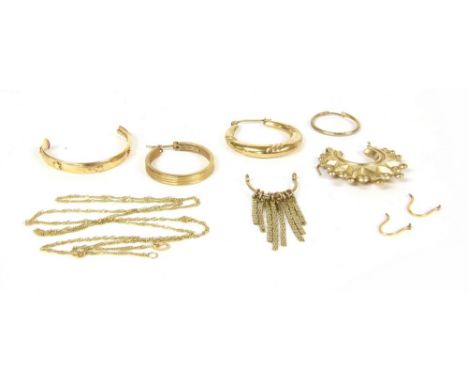 A collection of gold earrings, to include a gold hollow hoop earring, 0.89g, tested as approximately 9ct gold, a 9ct gold hol