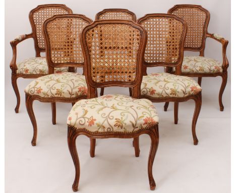 A set of six French 19th century style carved beech wood and caned dining chairs - late 20th century, four and two carvers, t