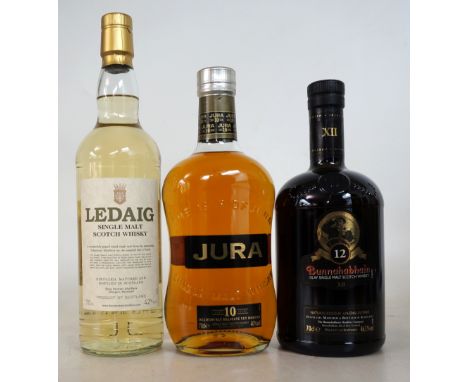 3 ISLAND MALTS
A selection of single malt scotch whisky from Islay; Jura & Mull.  BUNNAHABHAIN 12 YEAR OLD.  70cl.  46.3% abv
