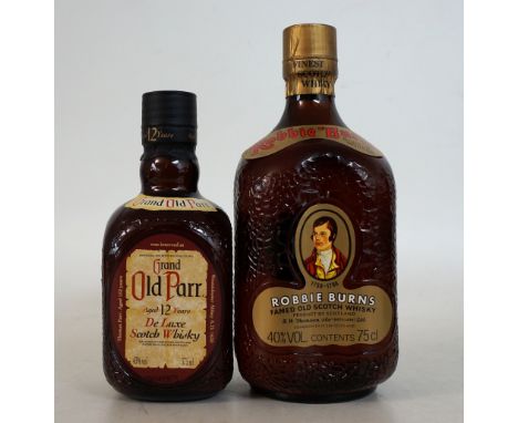 ROBBIE BURNS BLENDED SCOTCH WHISKY & GRAND OLD PARR
2 bottles.  Robbie Burns Famed Old Scotch Whisky.  75cl.  40% abv.  Creat