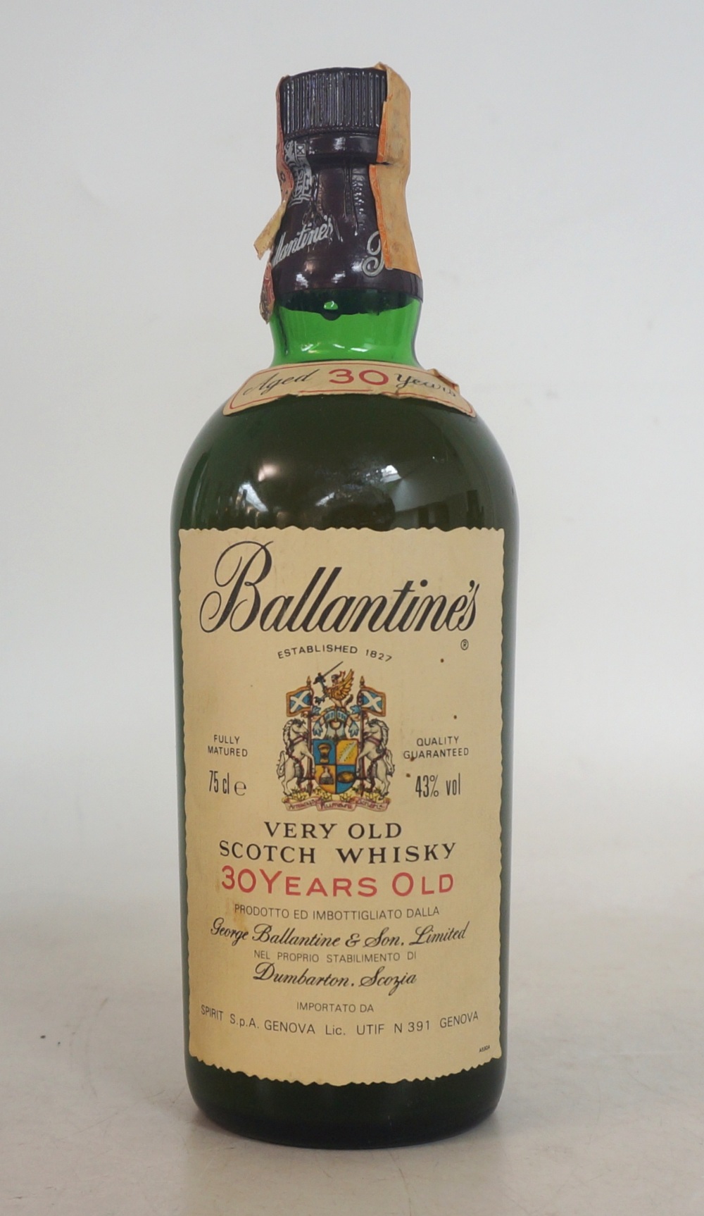 BALLANTINES 30 YEAR OLD An aged bottle of Ballantine's Premium 30 Year