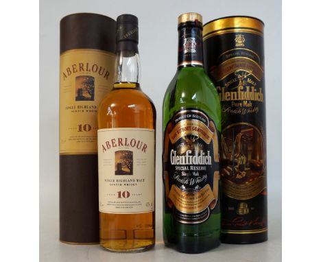 GLENFIDDICH SPECIAL RESERVE & ABERLOUR 10 YEAR OLD
2 bottles.  GLENFIDDICH SPECIAL RESERVE Single Malt Scotch Whisky.  OB.  7