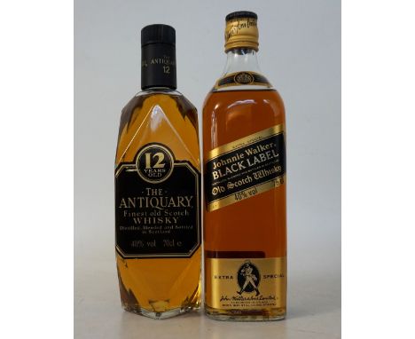 JOHNNIE WALKER BLACK LABEL & THE ANTIQUARY 12 YEAR OLD
2 bottles.  JOHNNIE WALKER BLACK LABEL Blended Scotch Whisky.  75cl.  