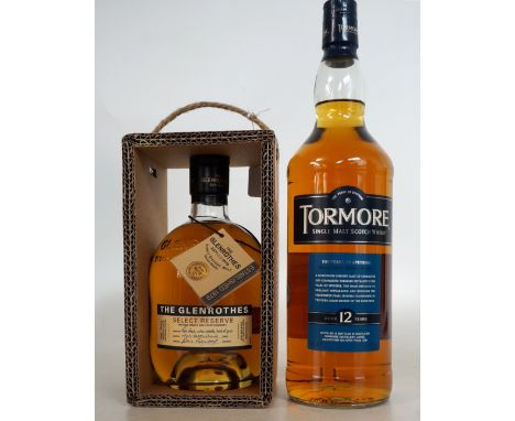 TORMORE & GLENROTHES
TORMORE 12 YEAR OLD Single Malt Scotch Whisky.  1 Litre.  40% abv.  Known as "The Pearl of Speyside" for