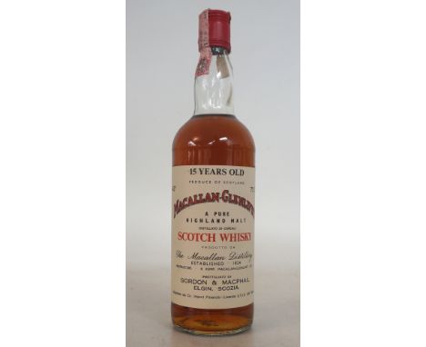 MACALLAN 15 YEAR OLD 
1 bottle.  Macallan-Glenlivet 15 Year Old Single Malt Scotch Whisky.  Bottled in 1970's by Gordon & Mac
