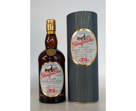 GLENFARCLAS 25 YEAR OLD
An older presentation of Glenfarclas' 25 Year Old Single Malt Scotch Whisky.  700ml.  43% abv.  Level