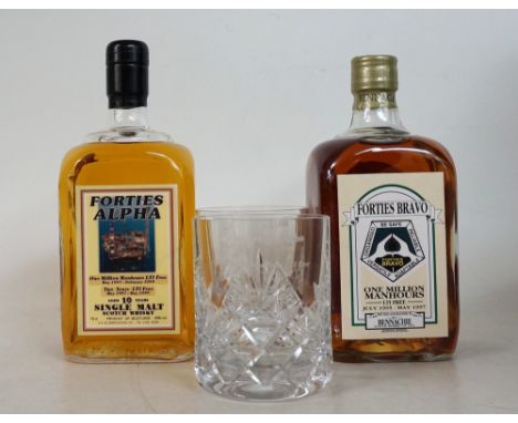 FORTIES ALPHA & FORTIES BRAVO 
2 bottles.  FORTIES ALPHA 10 Year Old Single Malt Scotch Whisky.  70cl.  40% abv.  Bottled to 