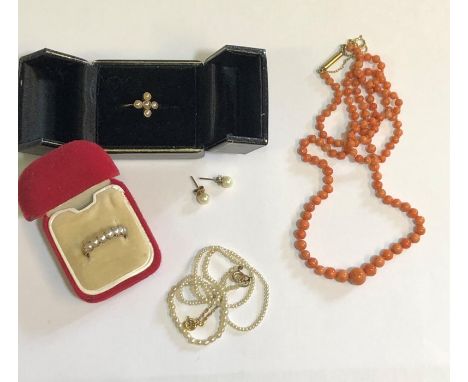 A collection of antique pearl set items including an 18ct yellow gold ring set pearl quatrefoil, size M; half eternity ring s