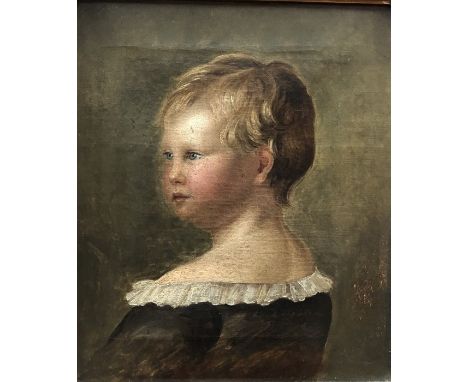 Victorian school - Portrait of a young child, oil on canvas, 39 x 32 cm, the reverse with label inscribed 'Portrait of my mat