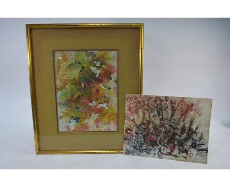 Chinese school - An abstract watercolour study featuring hidden faces in a mountainous landscape, with figures and blossom, 3