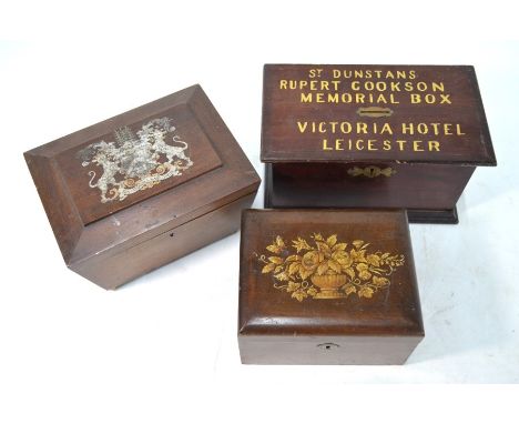 A stained teak collection box with brass coin-slot, inscribed in gilt 'St. Dunstans Rupert Cookson Memorial Box, Victoria Hot