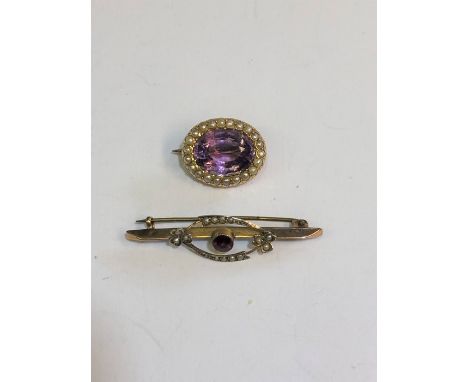 A Victorian oval amethyst and seed pearl brooch set 15ct yellow gold, to/w an Edwardian seed pearl and garnet bar brooch (2)