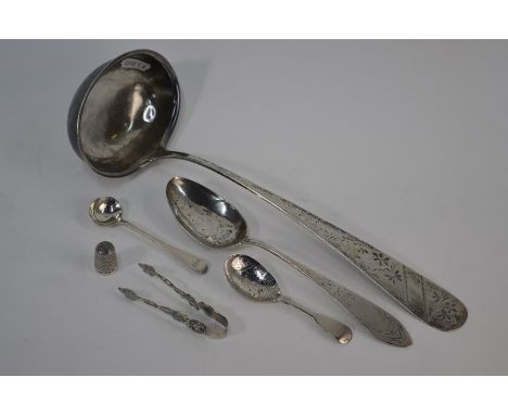 A William IV silver fiddle pattern caddy spoon with engraved bowl, John, Henry &amp; Charles Lias, London 1830, a George IV s