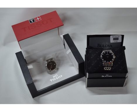 A gentleman's Bulova stainless steel wristwatch, the 32 mm black dial with gemstone-set chapters, quartz movement (apparently