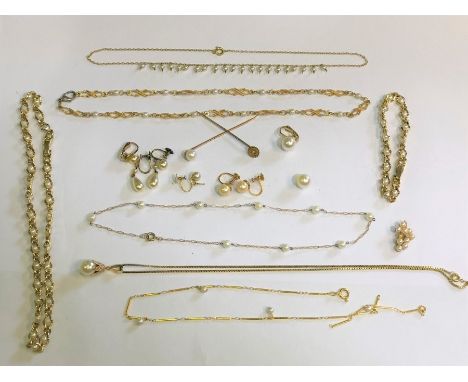 A collection of pearl set jewellery items, including necklaces, earrings, pendants etc, some gilt metal, some set yellow meta