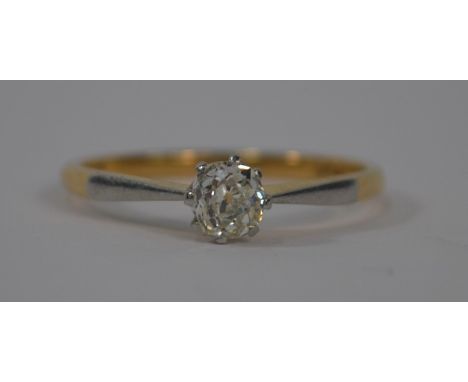 A single stone diamond ring, the circular old cut diamond approx 0.3 carats, plat and 18ct set, size S/T, 2.7g all in