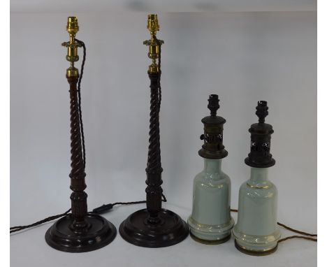 A pair of celladon style ceramic table lamps with antiqued brass fittings to/with a pair of Regency style barley-twist mahoga