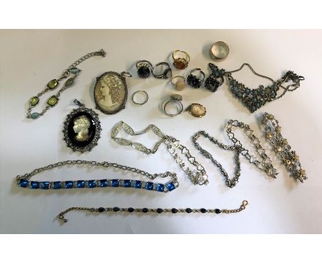 A collection of Victorian and later jewellery items, mostly silver and white metal, including bangles, brooches, marcasite se