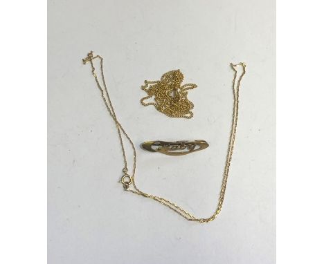 A small yellow gold bar brooch inscribed 'Baby', stamped 9ct, a 9ct yellow gold fine trace chain and a fine 9ct yellow gold b