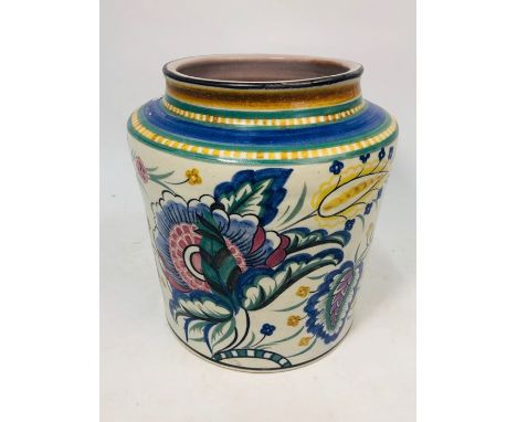 A large Poole Pottery, Carter, Stabler &amp; Adams storage jar of cylindrical form, underglaze painted with stylised polychro