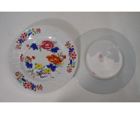 A Victorian Chamberlains Worcester square dish and matching pair of 22 cm plates with embossed foliage and printed and painte