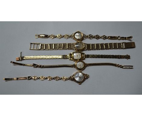 Five various 9ct yellow gold ladies' cocktail wristwatches, three by Rotary, one Accurist and one CertinaOne strap missing, f