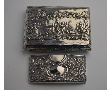 A Dutch cushion-shaped .833 standard snuff box, embossed with figures and scrolls, date letter for 1890, 10 cm wide, to/w a r