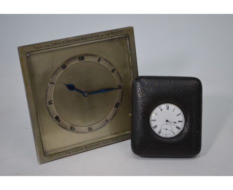 A 19th century Swiss fine silver open-faced pocket watch with keywind movement, in Morocco easel pocket case, to/w an Art Dec