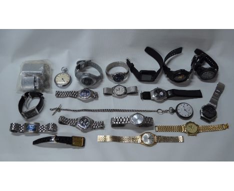 An assortment of various modern gentlemen's fashion wristwatches, all a/f including Timex, Rotary, Accurist etc