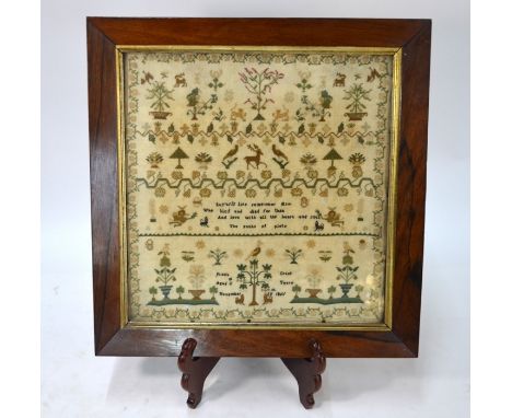 A Victorian petit point sampler, worked with animals, birds, flowers, plants and other motifs around a spiritual text, by Ros
