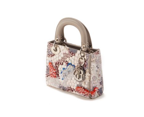 From a private Singaporean collection
Grey satin Mini Lady Dior, embellished with white and red coral scene sequins, with Dio