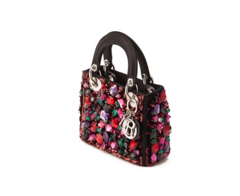 From a private Singaporean collection
Quilted black satin Mini Lady Dior, embellished with pink and green coloured jewels, wi