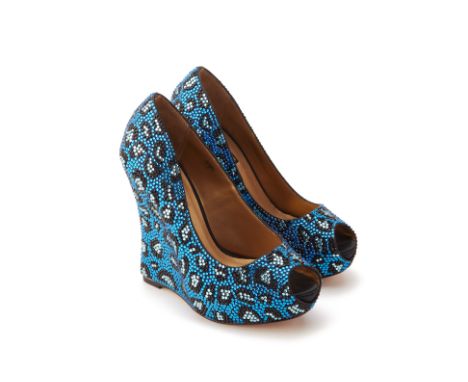 From a private Singaporean collection
Blue leopard print crystal peep-toe platform wedges with leather inner and sole, size E
